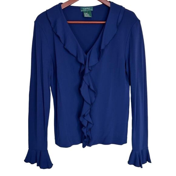 Lauren Ralph Lauren Womens Blue Ruffle Trim Flouce Sleeve Cardigan Blouse Large - Picture 1 of 10